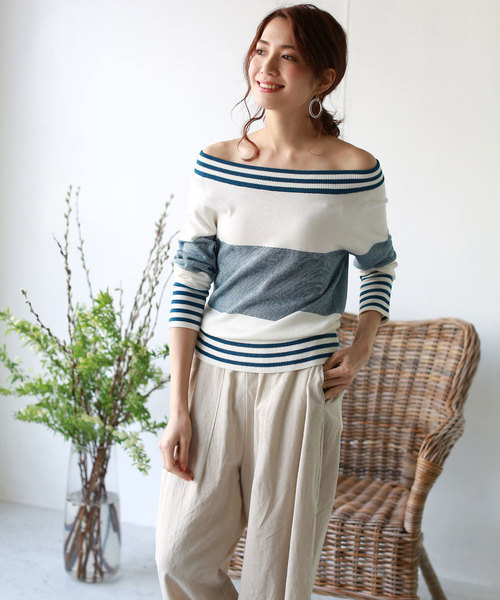 REAL CUBE（リアルキューブ）の「REAL CUBE 2wayオフショルマルチボーダーニット（ニット/セーター・レディース・ホワイト×エメラルドグリーン/ホワイト×ライム/ホワイト×ブラック・40/36/38）」の3枚目の写真