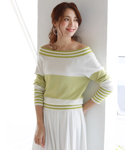REAL CUBE（リアルキューブ）の「REAL CUBE 2wayオフショルマルチボーダーニット（ニット/セーター・レディース・ホワイト×エメラルドグリーン/ホワイト×ライム/ホワイト×ブラック・40/36/38）」の2枚目の写真