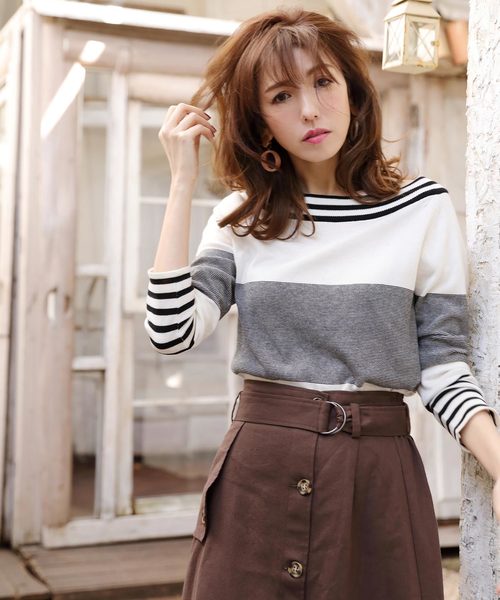 REAL CUBE（リアルキューブ）の「REAL CUBE 2wayオフショルマルチボーダーニット（ニット/セーター・レディース・ホワイト×エメラルドグリーン/ホワイト×ライム/ホワイト×ブラック・40/36/38）」の7枚目の写真