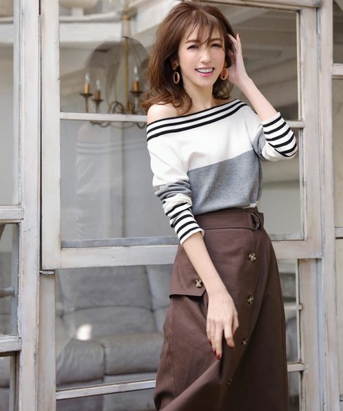 REAL CUBE（リアルキューブ）の「REAL CUBE 2wayオフショルマルチボーダーニット（ニット/セーター・レディース・ホワイト×エメラルドグリーン/ホワイト×ライム/ホワイト×ブラック・40/36/38）」の9枚目の写真