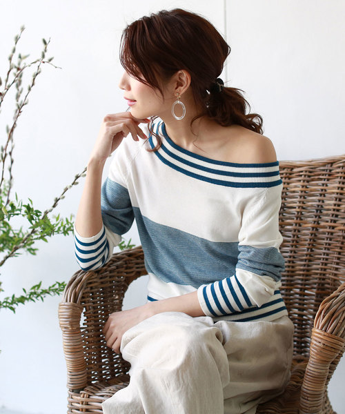 REAL CUBE（リアルキューブ）の「REAL CUBE 2wayオフショルマルチボーダーニット（ニット/セーター・レディース・ホワイト×エメラルドグリーン/ホワイト×ライム/ホワイト×ブラック・40/36/38）」の5枚目の写真