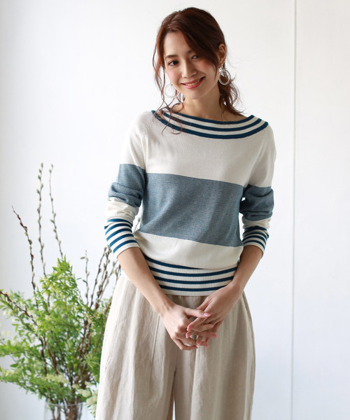 REAL CUBE（リアルキューブ）の「REAL CUBE 2wayオフショルマルチボーダーニット（ニット/セーター・レディース・ホワイト×エメラルドグリーン/ホワイト×ライム/ホワイト×ブラック・40/36/38）」の8枚目の写真