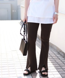 タック入りフロントスリットリブフレアパンツ