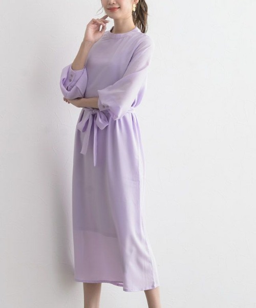 スタンドカラーボリュームスリーブワンピース