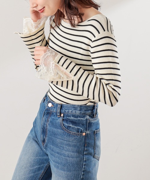 natural couture(ナチュラルクチュール)の「【WEB限定カラー有り】前後2WAY袖口レースニット(ニット/セーター・レディース・ブラック/アイボリー/ミント/ラベンダー/その他1/その他2/ライトベージュ・FREE)」の7枚目の写真