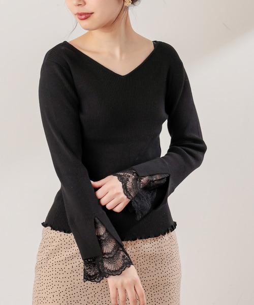natural couture(ナチュラルクチュール)の「【WEB限定カラー有り】前後2WAY袖口レースニット(ニット/セーター・レディース・ブラック/アイボリー/ミント/ラベンダー/その他1/その他2/ライトベージュ・FREE)」の3枚目の写真