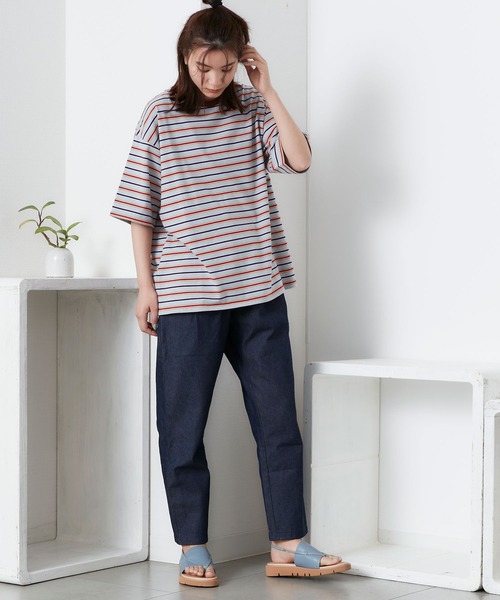 POU DOU DOU（プードゥドゥ）の「マルチボーダー オーバーサイズ Tee（Tシャツ/カットソー・レディース・ブルー/オフホワイト/ミント・3）」の4枚目の写真