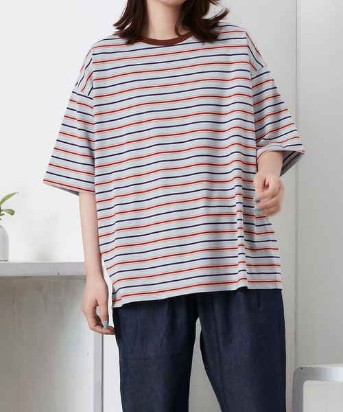 POU DOU DOU（プードゥドゥ）の「マルチボーダー オーバーサイズ Tee（Tシャツ/カットソー・レディース・ブルー/オフホワイト/ミント・3）」の6枚目の写真