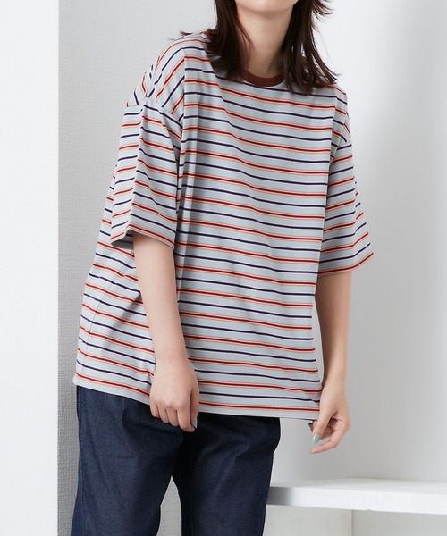 POU DOU DOU（プードゥドゥ）の「マルチボーダー オーバーサイズ Tee（Tシャツ/カットソー・レディース・ブルー/オフホワイト/ミント・3）」の7枚目の写真