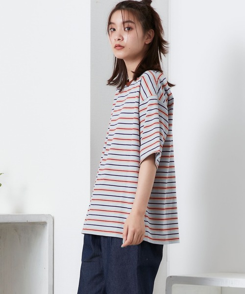 POU DOU DOU（プードゥドゥ）の「マルチボーダー オーバーサイズ Tee（Tシャツ/カットソー・レディース・ブルー/オフホワイト/ミント・3）」の9枚目の写真