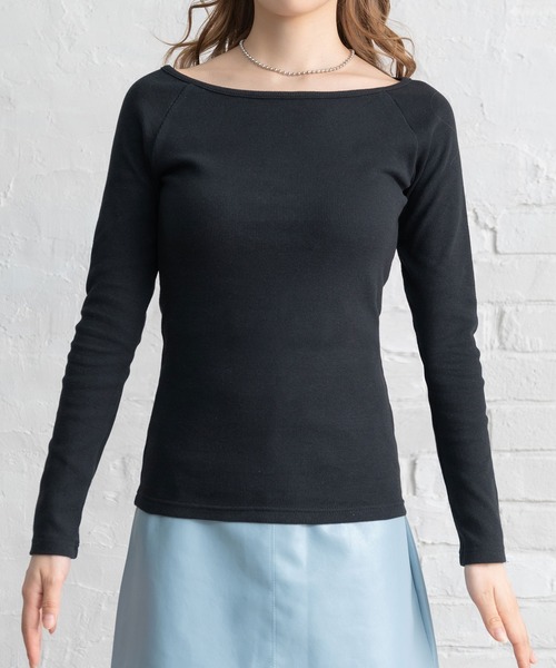 Newlyme（ニューリーミー）の「ボートネック長袖リブトップス（Tシャツ/カットソー・レディース・ホワイト/ブラック/ベージュ/ボルドー・MEDIUM/LARGE/X-LARGE/XX-LARGE）」の9枚目の写真