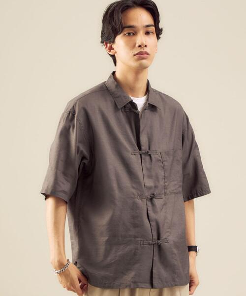 green label relaxing（グリーンレーベルリラクシング）の「＜green label relaxing＞クレープ ハーフスリーブ チャイナ [シャツ]（シャツ/ブラウス・メンズ・モカ/ブラック・MEDIUM/SMALL/LARGE）」の2枚目の写真