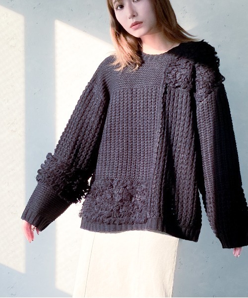 Per sist ence（パーシエンス）の「Per sist ence/パーシエンス　編み地切替ニットプルオーバー（ニット/セーター・レディース・アイボリー/ブラック/ブラウン/グレイッシュベージュ・FREE）」の3枚目の写真