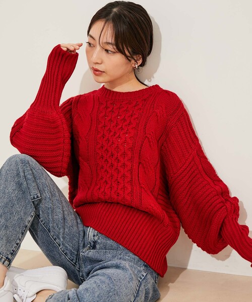 vis-`a-vis（ビサビ）の「【WEB限定】ボリュームたっぷり。ケーブルミドルゲージニットプルオーバー（ニット/セーター・レディース・ホワイト/ブラック/ベージュ系その他/イエロー系その他/オレンジ系その他/ラベンダー/レッド・FREE）」の12枚目の写真