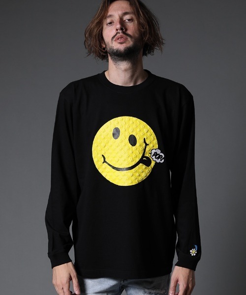 STUD MUFFIN（スタッドマフィン）の「mlt3639-5.6ozコットン天竺  スマイリーフォーム＆サガラパッチ LS Tシャツ（Tシャツ/カットソー・メンズ・ホワイト/ブラック・2/3/4）」の2枚目の写真