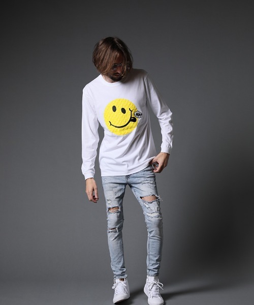 STUD MUFFIN（スタッドマフィン）の「mlt3639-5.6ozコットン天竺  スマイリーフォーム＆サガラパッチ LS Tシャツ（Tシャツ/カットソー・メンズ・ホワイト/ブラック・2/3/4）」の9枚目の写真