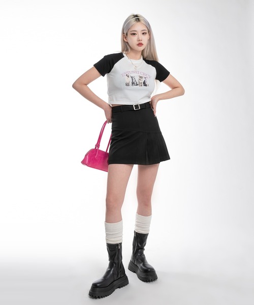 FOLLOWIN（フォロウィン）の「ベルトセット半プリーツミニスカート（スカート・レディース・ブラック/グレー・LARGE/MEDIUM/SMALL）」の7枚目の写真