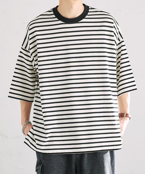 epnok（エプノック）の「ベーシックルーズボーダーTee（Tシャツ/カットソー・メンズ・ブラック/オフホワイト/グリーン・SMALL/MEDIUM/LARGE）」の2枚目の写真