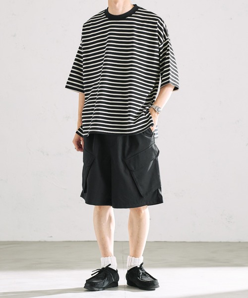 epnok（エプノック）の「ベーシックルーズボーダーTee（Tシャツ/カットソー・メンズ・ブラック/オフホワイト/グリーン・SMALL/MEDIUM/LARGE）」の7枚目の写真