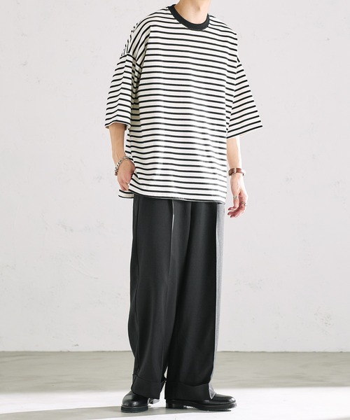 epnok（エプノック）の「ベーシックルーズボーダーTee（Tシャツ/カットソー・メンズ・ブラック/オフホワイト/グリーン・SMALL/MEDIUM/LARGE）」の8枚目の写真