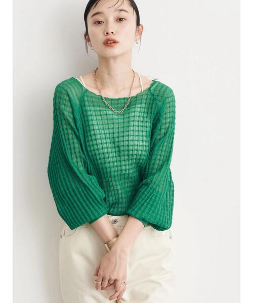 earth music&ecology(アースミュージックアンドエコロジー)の「シアーチェックニットプルオーバー(ニット/セーター・レディース・ブラック/オレンジ/グリーン/アイボリー/ラベンダー・FREE)」の9枚目の写真