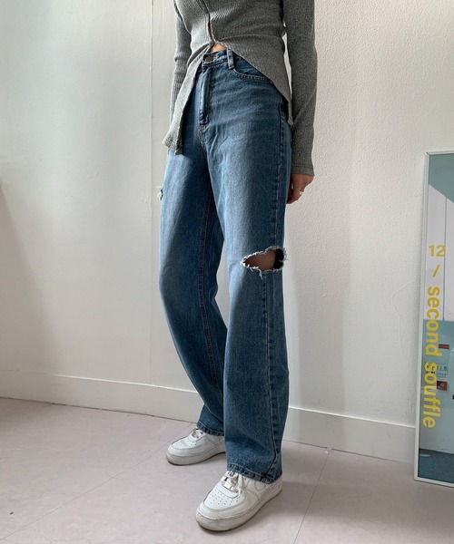 me+em select（ミームセレクト）の「【 ７color ／ ３size 】カットアウトサイドスリットロングデニムパンツ（デニムパンツ・レディース・ブルー/アイボリー/ブラック/ライトブルー/ブルー系その他/オートミール/ブラック系その他・SMALL/MEDIUM/LARGE/X-LARGE）」の21枚目の写真
