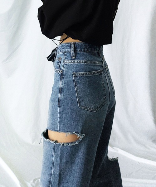 カットアウトデニムパンツ Sサイズ 7color ／ 3size 】カットアウトサイドスリットロングデニム