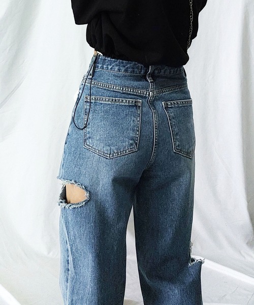 me+em select（ミームセレクト）の「【 ７color ／ ３size 】カットアウトサイドスリットロングデニムパンツ（デニムパンツ・レディース・ブルー/アイボリー/ブラック/ライトブルー/ブルー系その他/オートミール/ブラック系その他・SMALL/MEDIUM/LARGE/X-LARGE）」の20枚目の写真