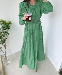 Dalfwin | 2023SS 春新作　韓国ファッション ワンピース レディース　サイドリボン花柄ワンピース　小花柄 ロング丈　2023SS フラワー　2023SS ワンピース(ワンピース)