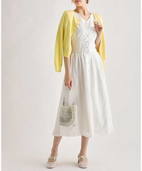 tocco closet(トッコ クローゼット)の「パール釦バックレースアップストライプコットンレースワンピース(ワンピース・レディース・オフホワイト/ピンク系その他・M)」の3枚目の写真