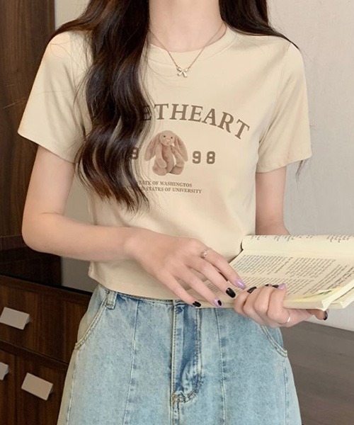 SONA（ソナ）の「SONA セミクロップラビットTシャツ（Tシャツ/カットソー・レディース・ホワイト/ベージュ/ピンク/チャコール・FREE）」の4枚目の写真