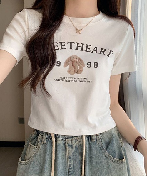 SONA（ソナ）の「SONA セミクロップラビットTシャツ（Tシャツ/カットソー・レディース・ホワイト/ベージュ/ピンク/チャコール・FREE）」の7枚目の写真