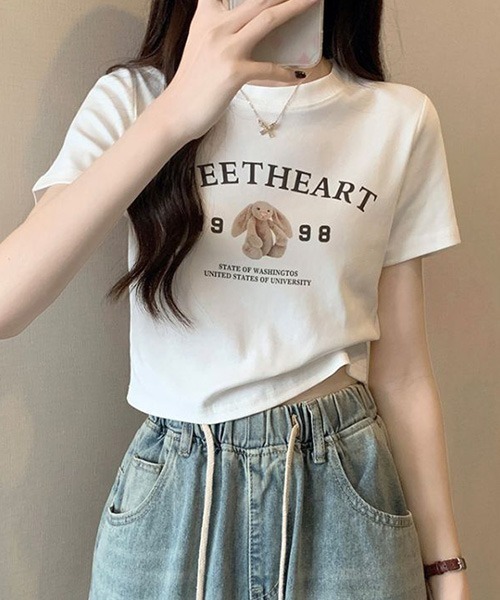 SONA（ソナ）の「SONA セミクロップラビットTシャツ（Tシャツ/カットソー・レディース・ホワイト/ベージュ/ピンク/チャコール・FREE）」の5枚目の写真