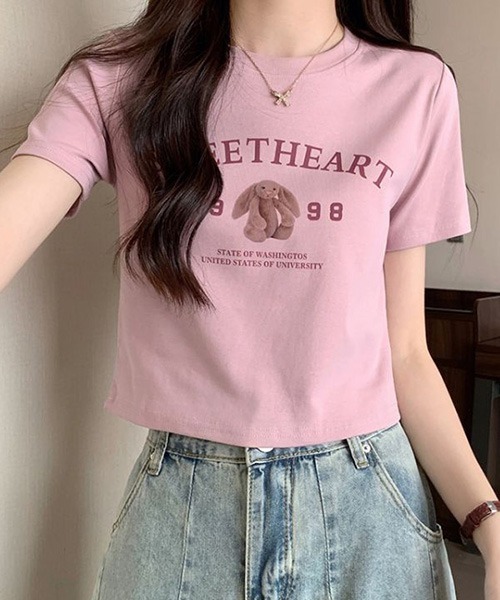 SONA（ソナ）の「SONA セミクロップラビットTシャツ（Tシャツ/カットソー・レディース・ホワイト/ベージュ/ピンク/チャコール・FREE）」の12枚目の写真