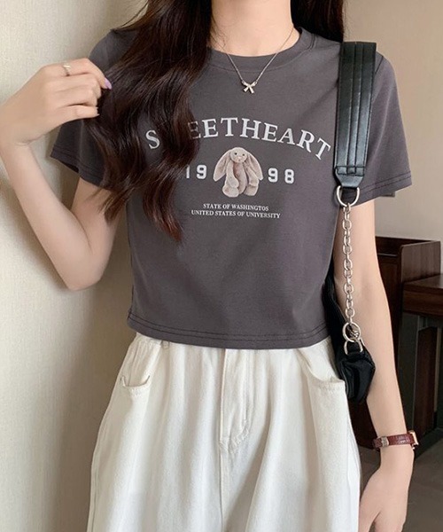 SONA（ソナ）の「SONA セミクロップラビットTシャツ（Tシャツ/カットソー・レディース・ホワイト/ベージュ/ピンク/チャコール・FREE）」の8枚目の写真