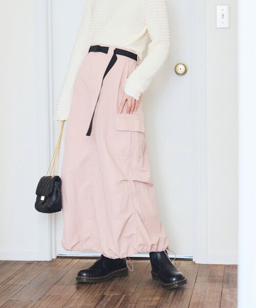 FREAK'S STORE（フリークスストア）の「ベルト付き ナイロンスカート/カーゴスカート（スカート・レディース・オフホワイト/オリーブ/ブラック/ピンク・ﾌﾘ-）」の9枚目の写真