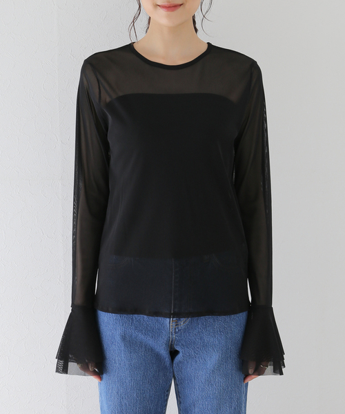 SLOBE IENA（スローブイエナ）の「ラッフルスリーブチュールプルオーバー（Tシャツ/カットソー・レディース・ブラック/ベージュ・FREE）」の6枚目の写真