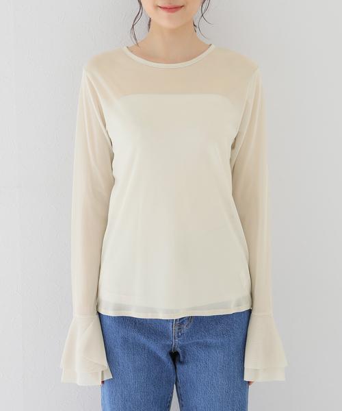 SLOBE IENA（スローブイエナ）の「ラッフルスリーブチュールプルオーバー（Tシャツ/カットソー・レディース・ブラック/ベージュ・FREE）」の4枚目の写真