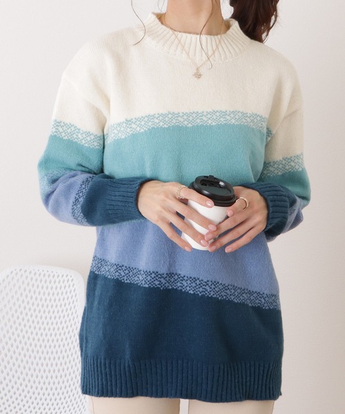 Lace Ladies(レースレディース)の「クルーネックグラデーションボーダーニットプルオーバー(ニット/セーター・レディース・モカ/ブルー・FREE)」の2枚目の写真