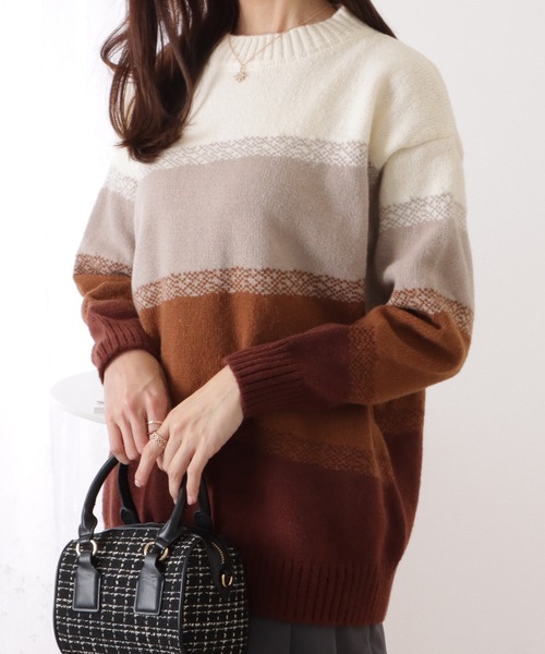 Lace Ladies(レースレディース)の「クルーネックグラデーションボーダーニットプルオーバー(ニット/セーター・レディース・モカ/ブルー・FREE)」の8枚目の写真