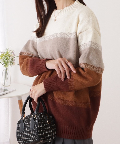 Lace Ladies(レースレディース)の「クルーネックグラデーションボーダーニットプルオーバー(ニット/セーター・レディース・モカ/ブルー・FREE)」の12枚目の写真