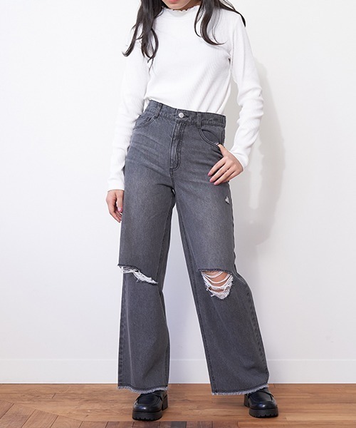 ダメージ加工 グレー ワイドパンツ　d44 LOVETOXIC（ラブトキシック）の「ダメージワイドパンツ（その他