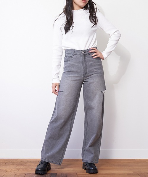 ダメージ加工 グレー ワイドパンツ　d44 FREAK'S STORE ジーンズ FREAK'S STORE/フリークスストア ワイド
