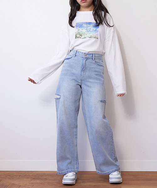 LOVETOXIC（ラブトキシック）の「ダメージワイドパンツ（その他パンツ・キッズ・グレー/サックスブルー/ライトブルー/ライトグレー・S/M/L）」の9枚目の写真