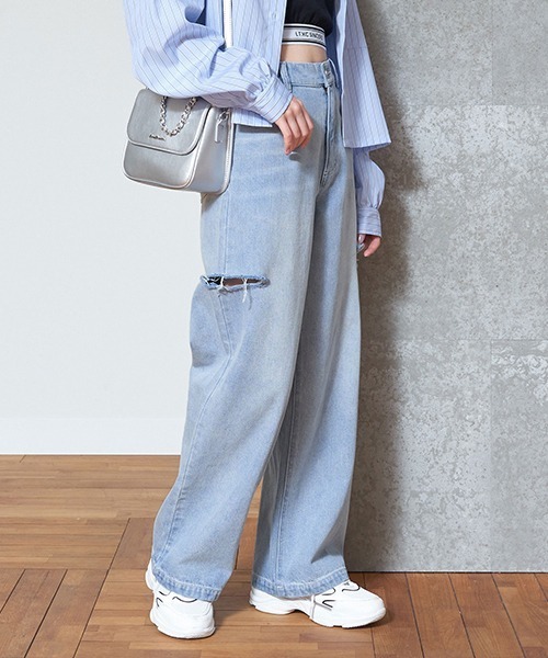 the toe ダメージデニム ワイドレッグパンツ ライトブルー the toe ダメージデニム ワイドレッグパンツ ライトブルー ヴァン Vin