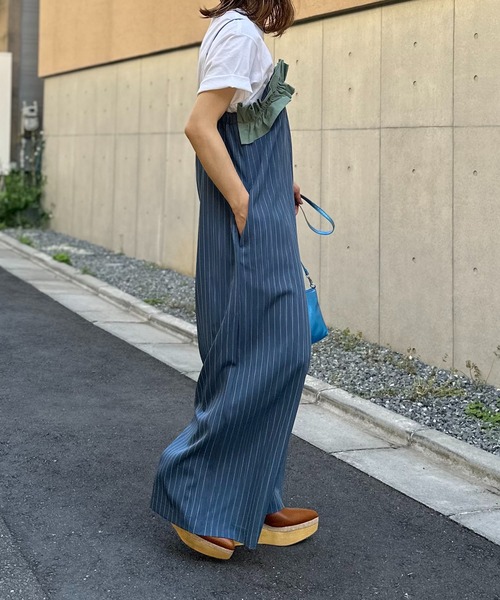 セール】フリルギャザー ストライプロンパース（サロペット