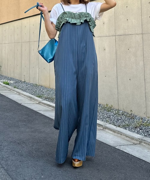 【ノントーキョー】フリルベスト ドローコード ネイビー ギャザー 日本製 mi via loca（ミヴィアロカ）の「フリルギャザー ストライプロンパース