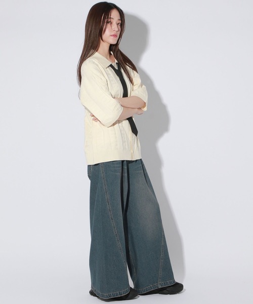 Anui(アニュイ)の「【UNISEX】ロゴ半袖ポロニットカーディガン(ニット/セーター・レディース・ブラック/オフホワイト・MEDIUM)」の7枚目の写真