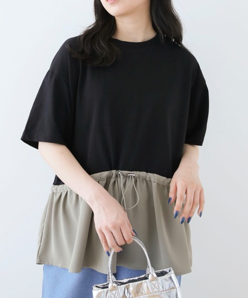 Green Parks(グリーンパークス)の「ドロスト切替えドッキングカットプルオーバー(Tシャツ/カットソー・レディース・ブラック/グレイッシュベージュ/オフホワイト/ダークカーキ・FREE)」の4枚目の写真