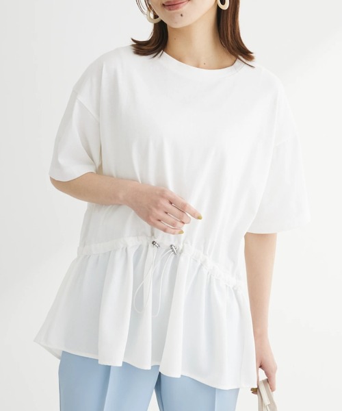 Green Parks(グリーンパークス)の「ドロスト切替えドッキングカットプルオーバー(Tシャツ/カットソー・レディース・ブラック/グレイッシュベージュ/オフホワイト/ダークカーキ・FREE)」の1枚目の写真